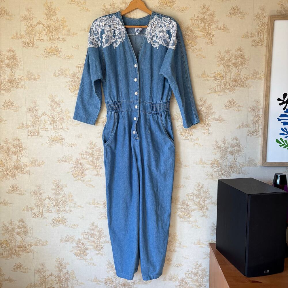 Vintage 80s Bingo! Denim Jumpsuit Womens M Blue Lace Pearl Applique Kitsch Retro